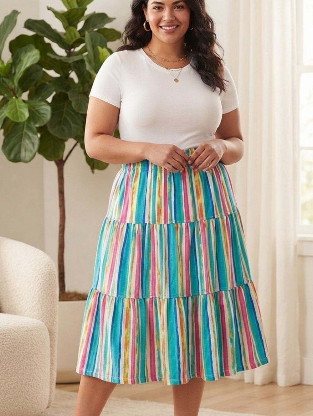 Woman Within 14/16 Medium Multicolor Vertical Stripe Tiered Midi Skirt